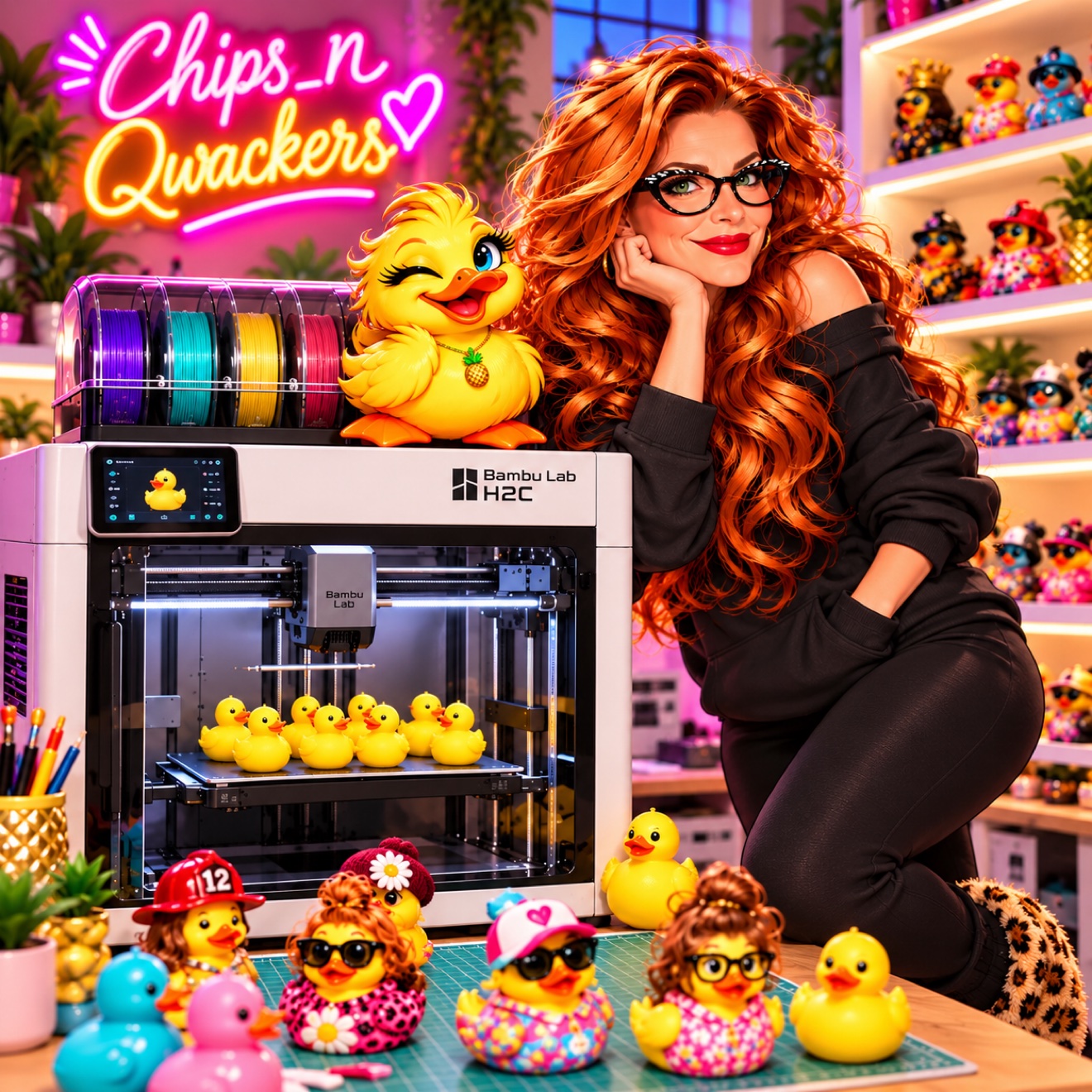 The Chips n Qwackers maker beside a 3D printer producing yellow ducks, surrounded by colorful finished custom duck designs