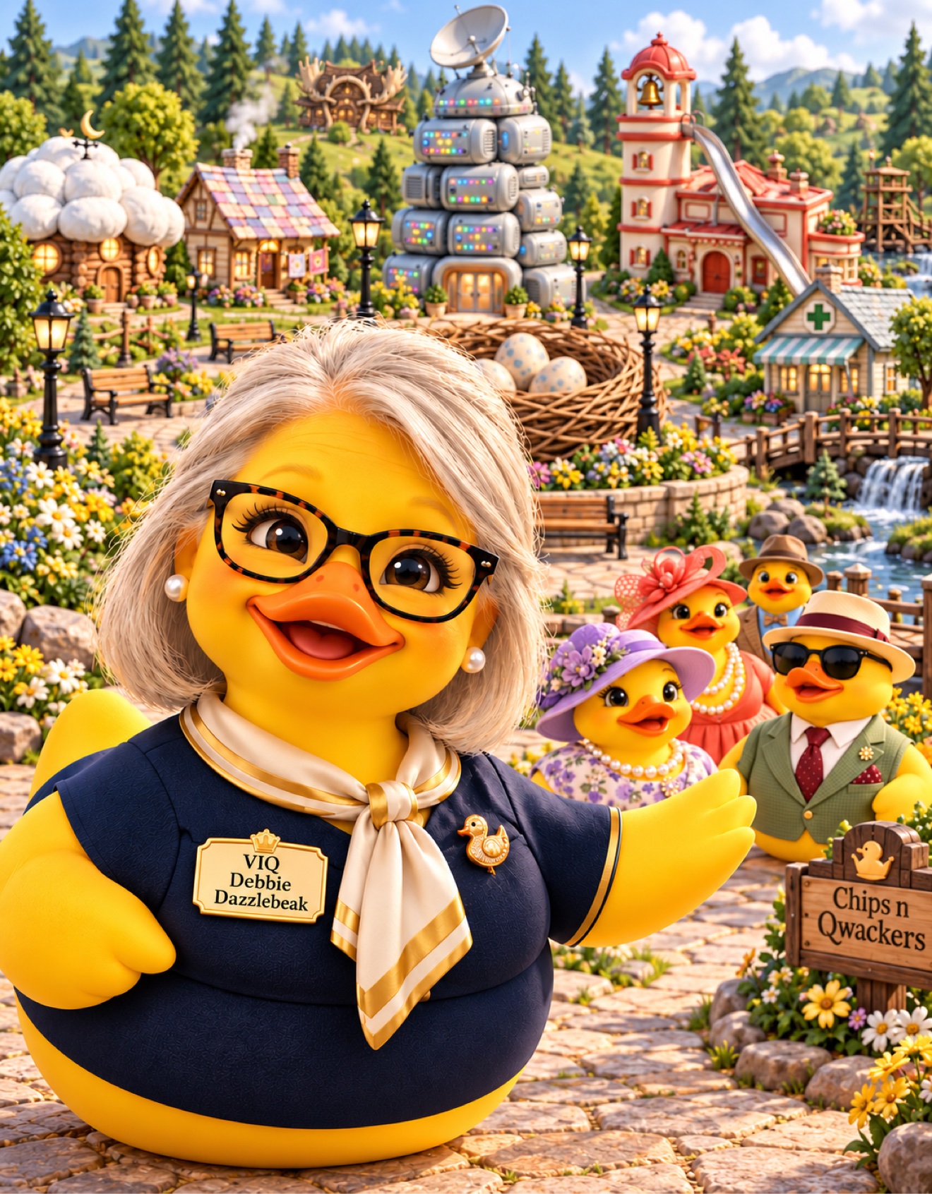 Debbie Dazzlebeak, the Very Important Qwacker tour guide, welcoming visitors to the Chips n Qwackers campus
