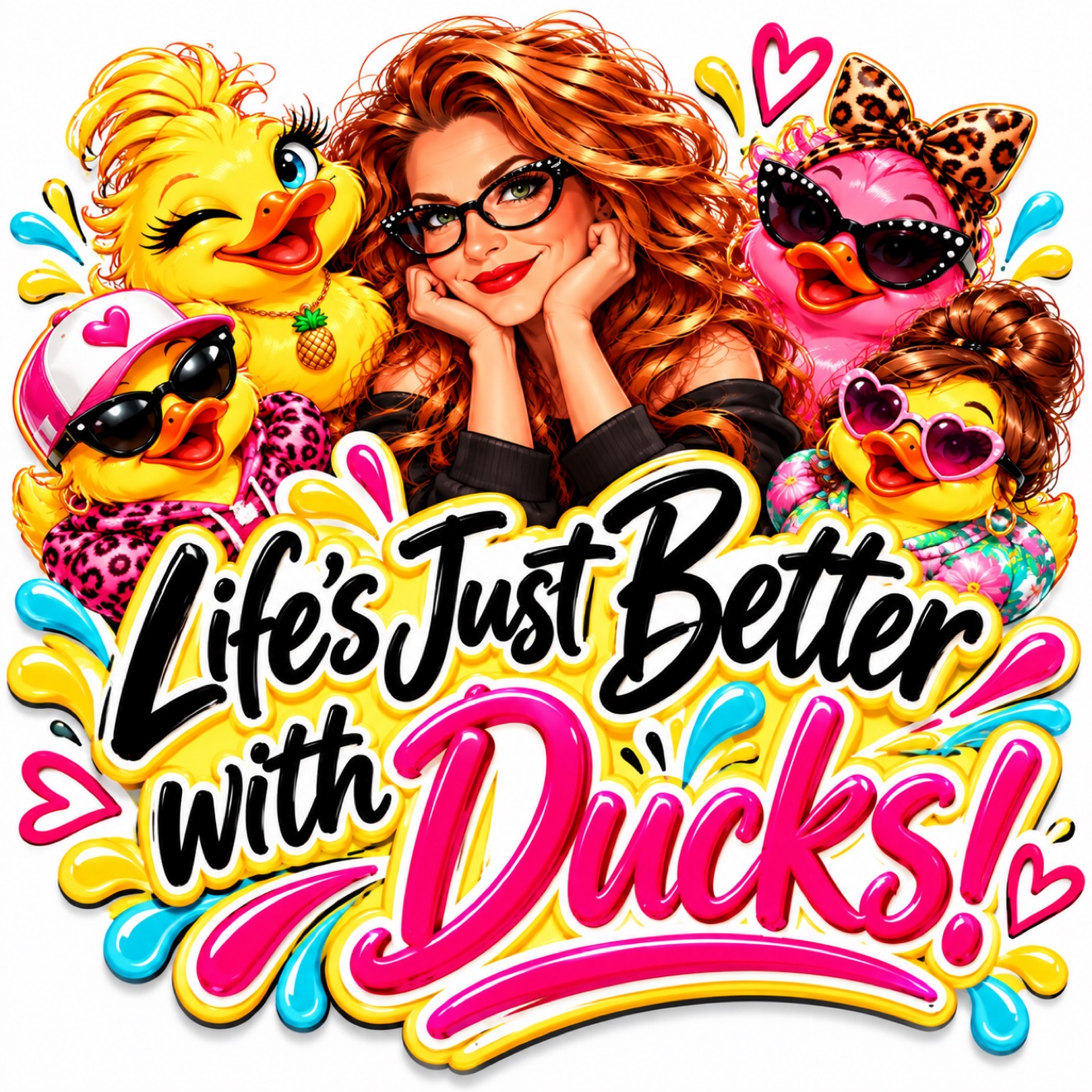 Colorful illustration of the Chips n Qwackers maker surrounded by four stylish ducks with the words Life's Just Better with Ducks!