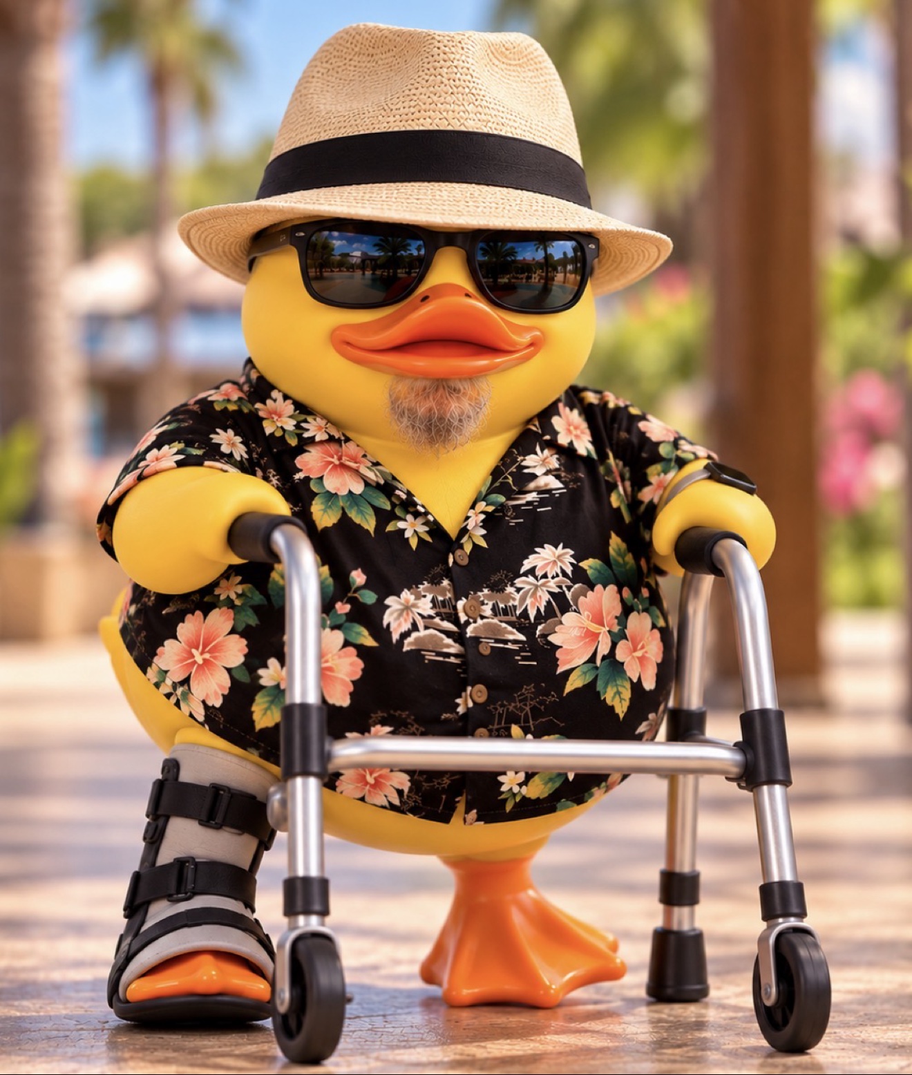 Duck in a fedora and sunglasses with a walker