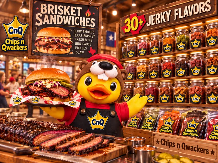 Duck in a beaver hat and CnQ apron serving a brisket sandwich at the Chips n Qwackers roadside snack stand