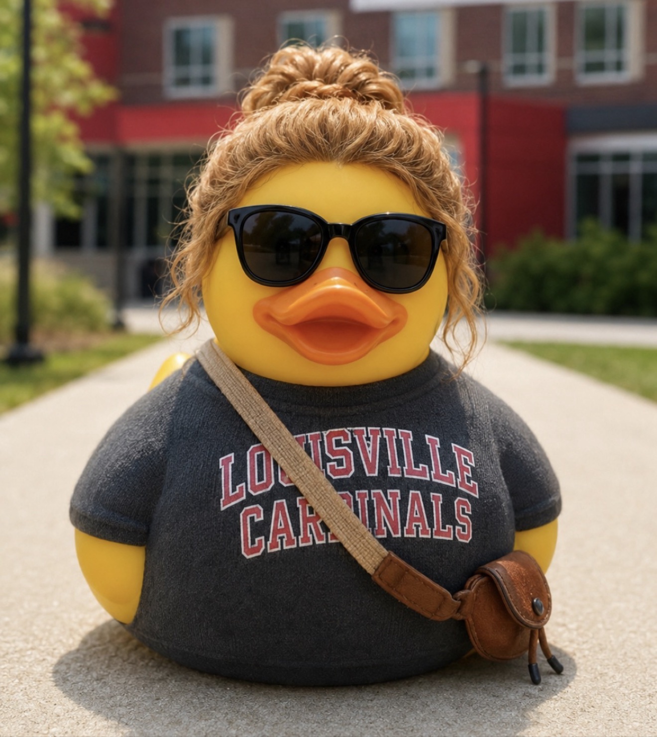 Duck in sunglasses and a Louisville Cardinals shirt on campus
