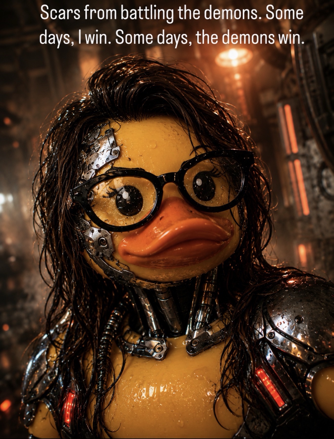 Battle-scarred cyborg duck with glasses