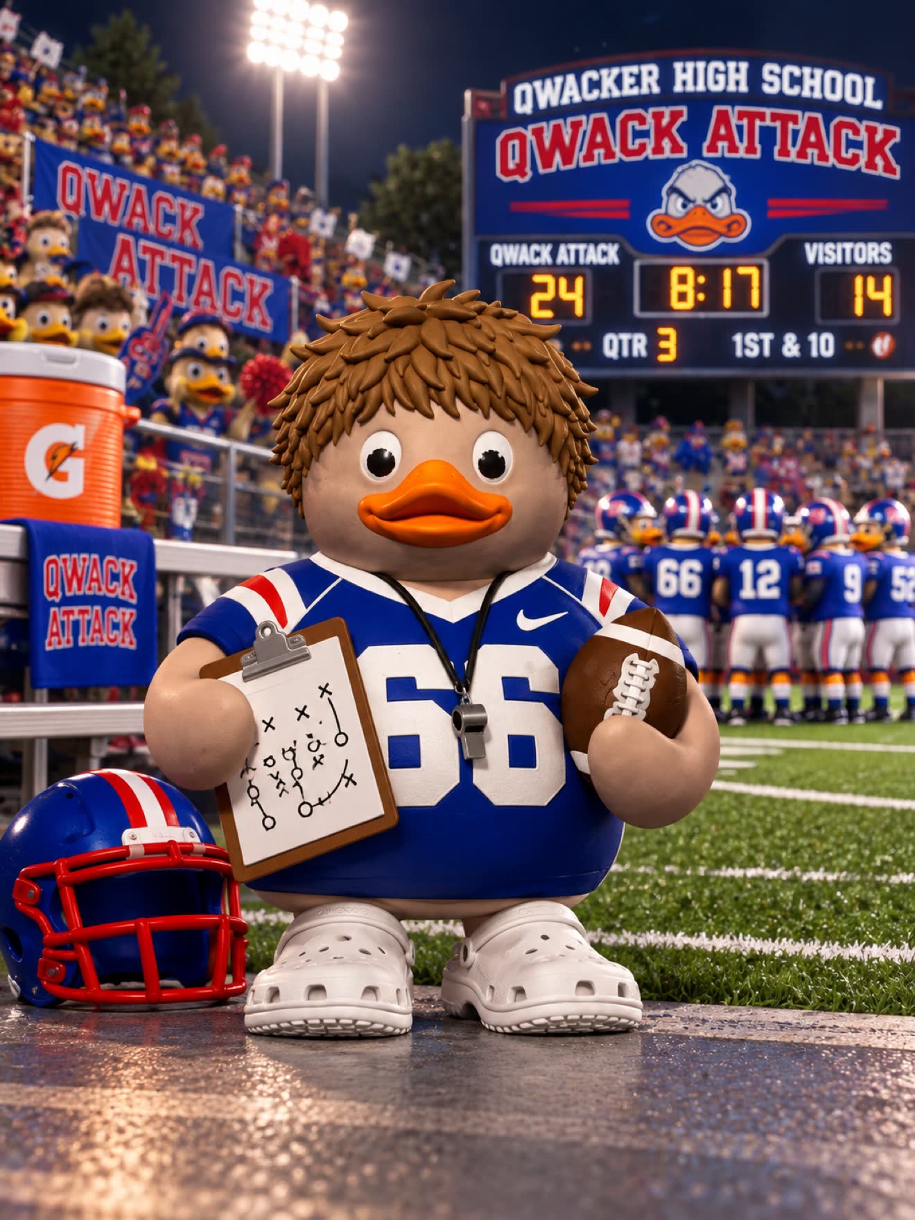 Duck football coach in a number 66 jersey with a clipboard at Qwacker High School stadium