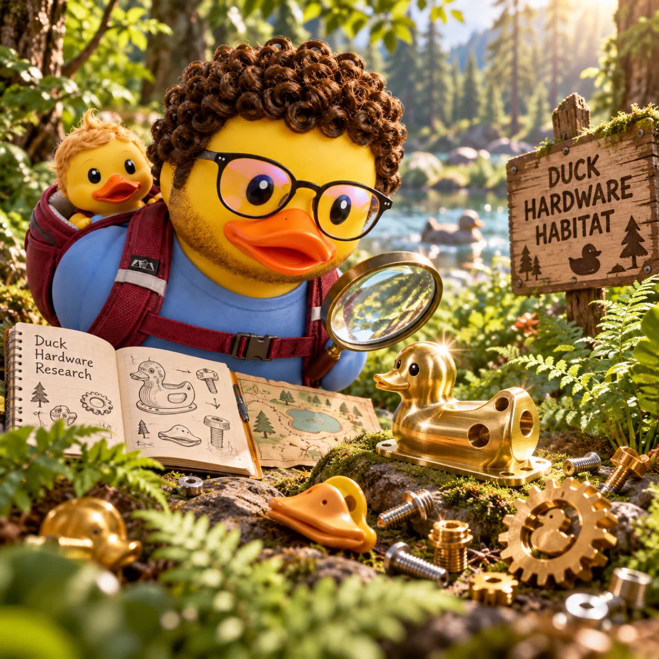 Duck with glasses and a magnifying glass researching duck hardware in the forest