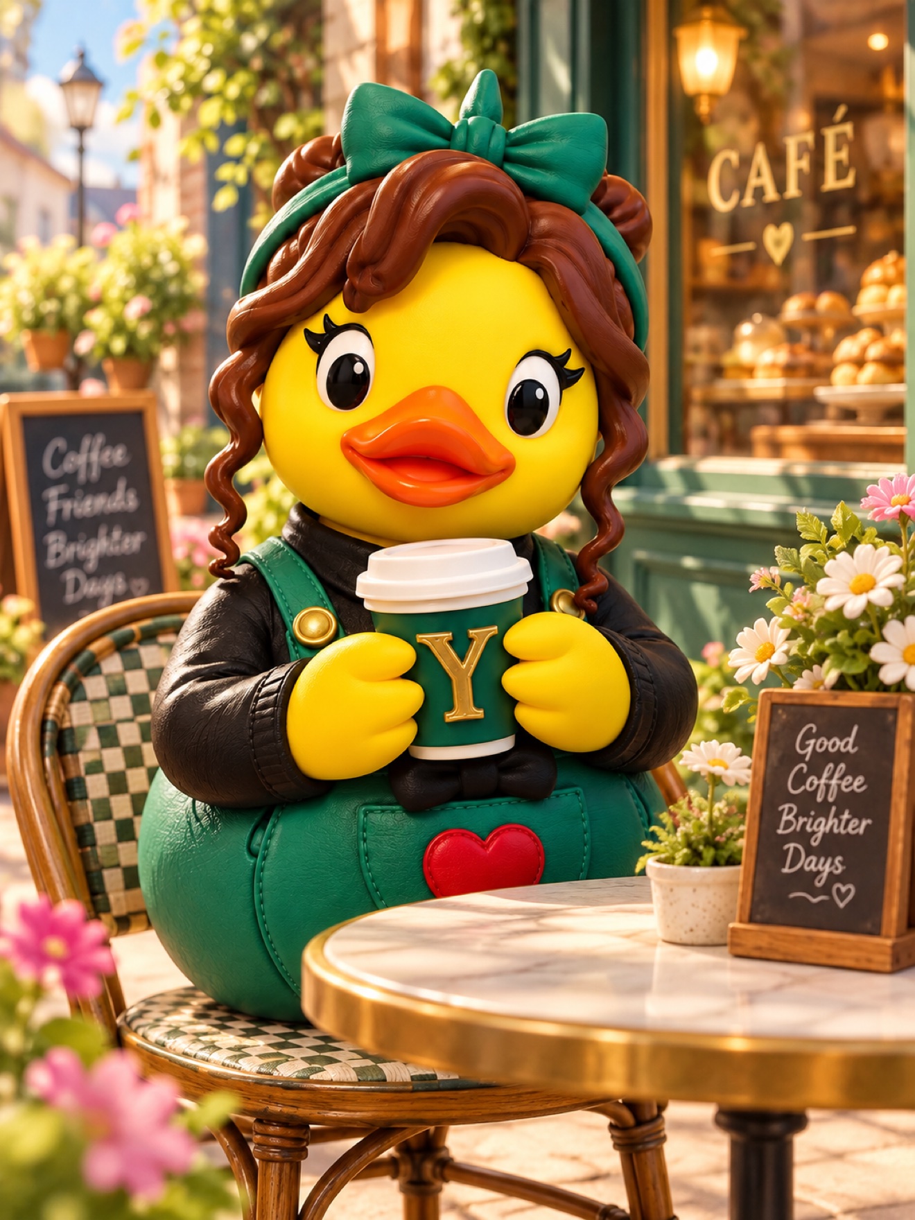 Duck with a coffee cup at a sunny cafe