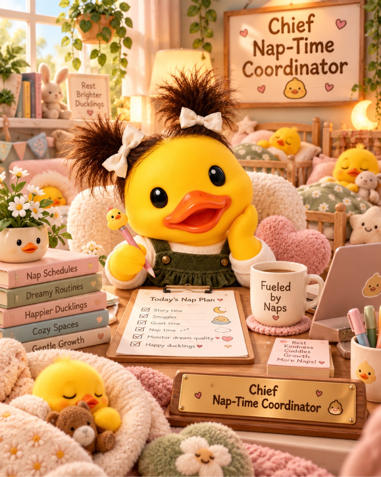 Duckling at her desk with a Chief Nap-Time Coordinator nameplate