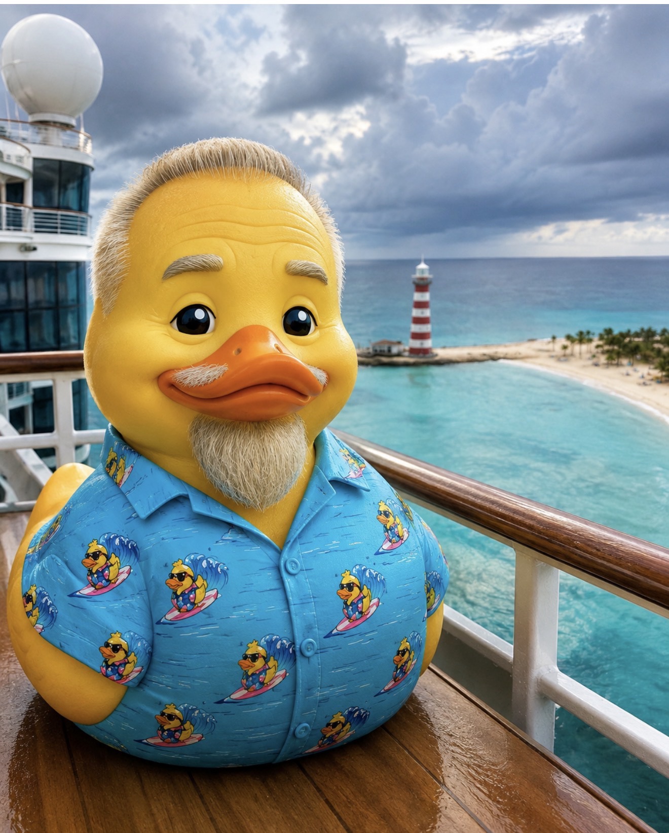 Elder duck with a white beard in a duck-print Hawaiian shirt on a cruise ship