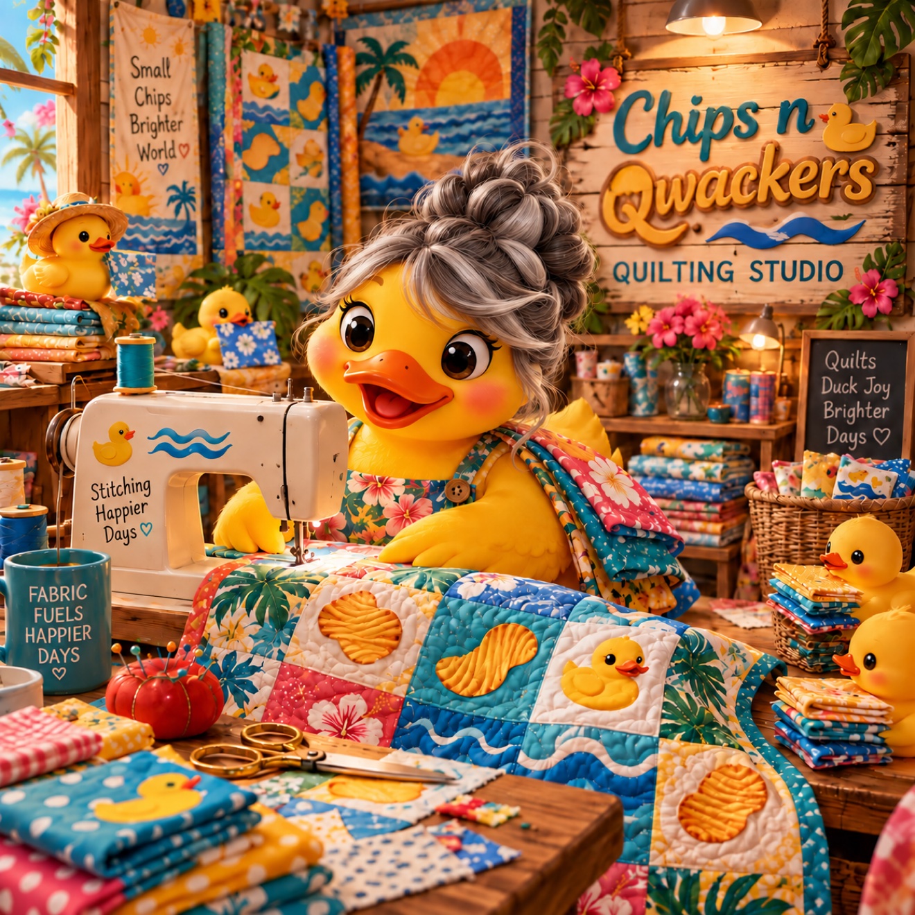 Duck with a gray bun quilting at a sewing machine in the Chips n Qwackers Quilting Studio, surrounded by duck-print quilts