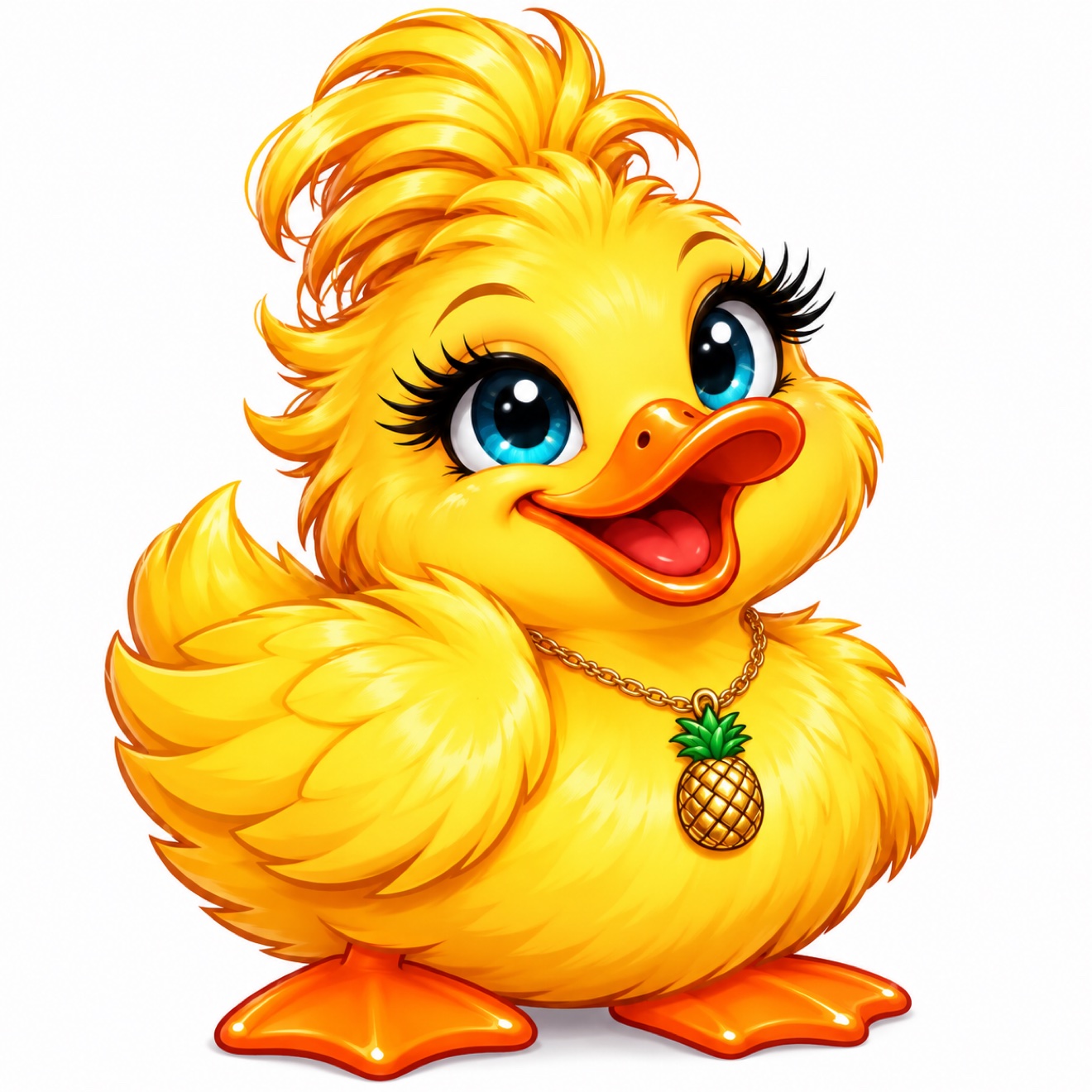 Fluffy yellow qwacker with bright blue eyes and a pineapple necklace