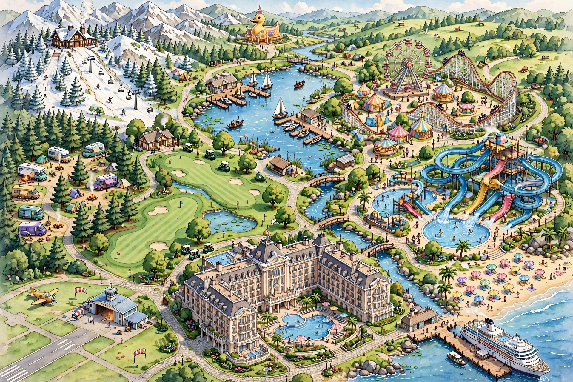 Illustrated bird's-eye map of the Qwacker Getaways vacation area